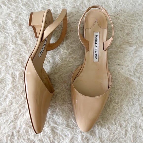 Manolo Blahnik Shoes - Manolo Blahnik Aspro Tan Nude Patent Leather Slingback Low Block Heels EU 37.5